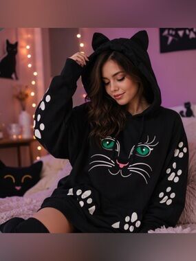 🌷 Cute Black Cat Lightweight Cat Ears Hoodie 🌷